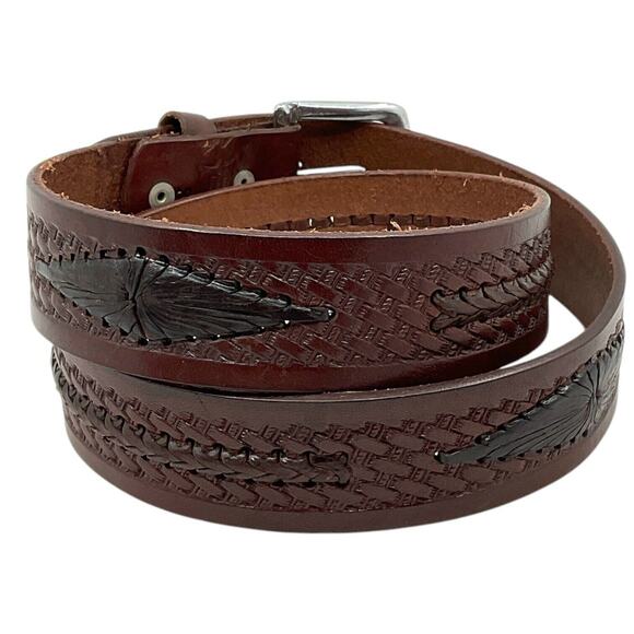 Brown Leather Mens 36 Western Belt Dark Brown Stitching Southwest Rodeo Cowboy - Picture 2 of 5